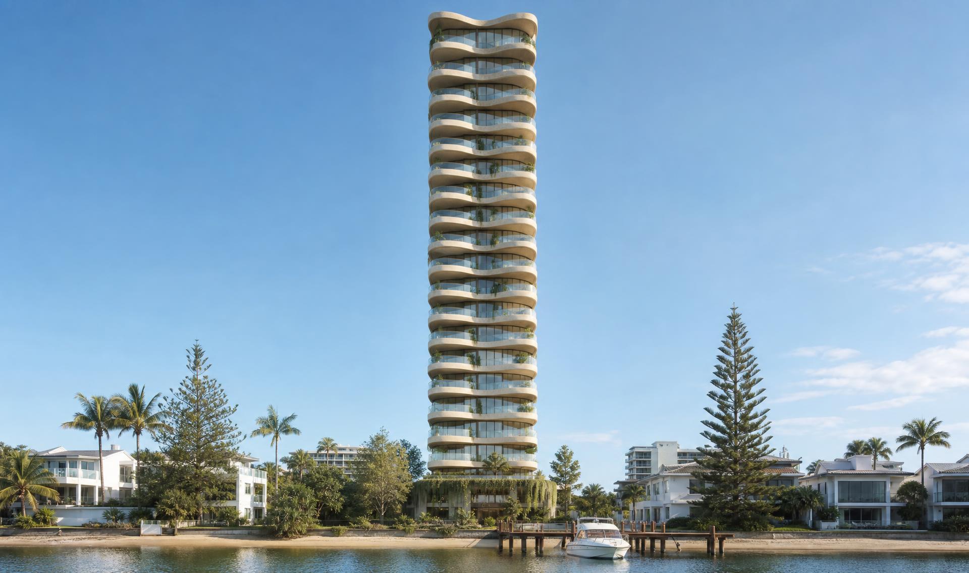 Concept artist impression of a slender contemporary residential tower on a Gold Coast waterway