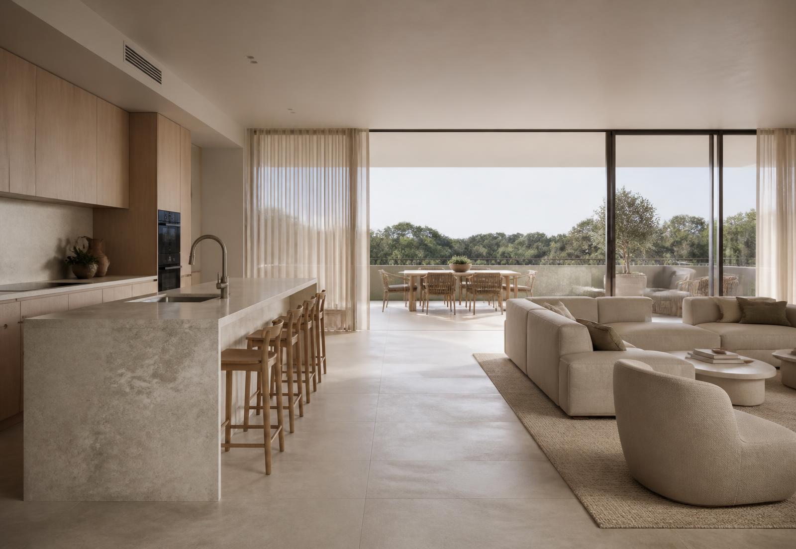 Concept interior of an Sunset residence with stone island bench and deep balcony
